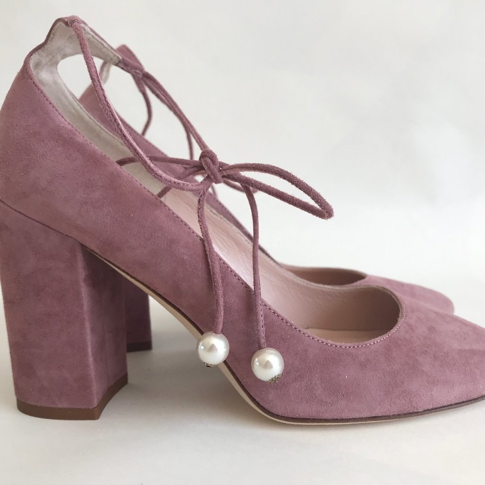 NEW Kate Spade Gena Heel Vintage Rose Suede Ankle Ties With Pearls Size 7 NWOB